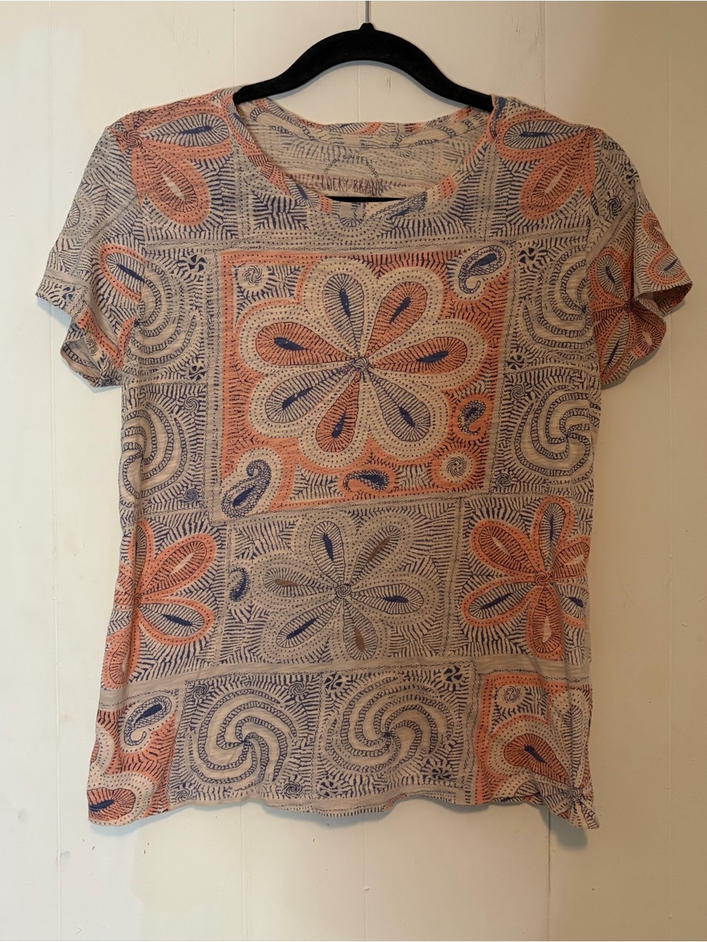 Lucky Brand abstract boho floral print fitted lightweight women's crewneck